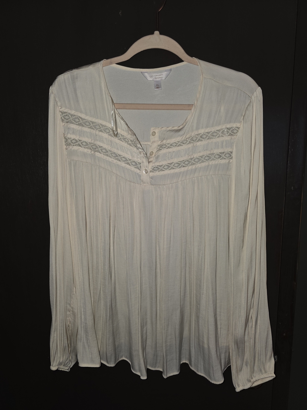 LC Lauren Conrad Cream Lace-Yoke Long Sleeve Blouse